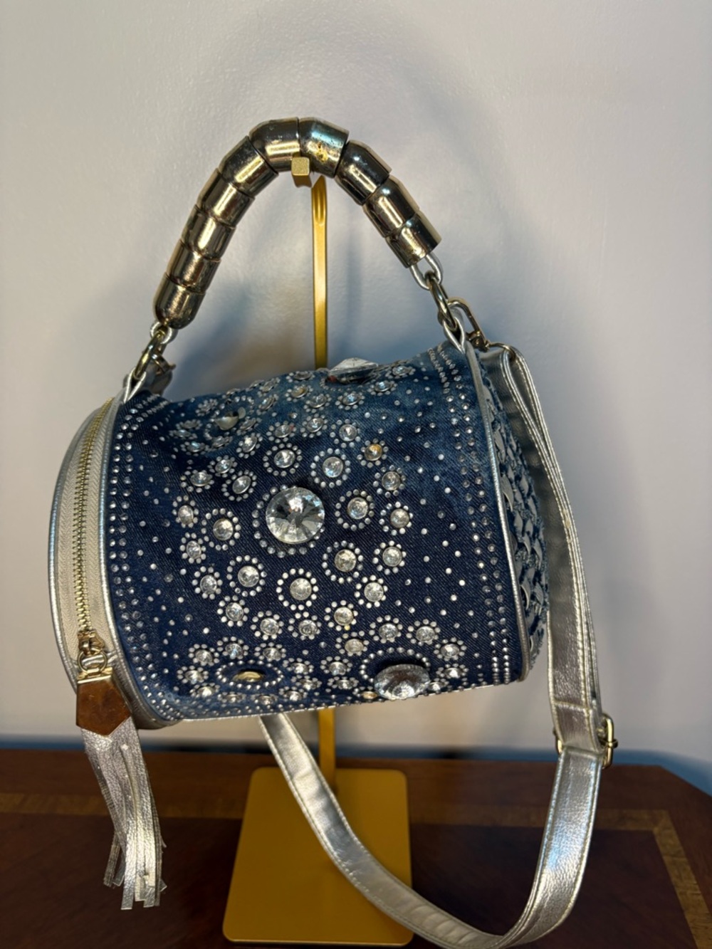 Jade Denim Crystal Embellished Barrel Crossbody in Blue and Silver